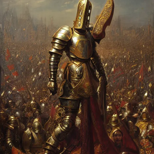 Image similar to artstation concept of a man in armor standing in a crowd gettig cheered, bright colorful, gold, hyperdetailed, artstation trending, world renowned artists, worth 1 0 0 0. com, historic artworks society, antique renewel, cgsociety, by greg rutkowski, by gustave dore, deviantart