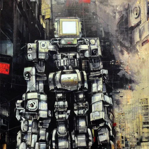 Image similar to a full-metal robot walks around the devastated downtown of Santiago of Chile, oil on canvas by Yoji Shinkawa and Dave McKean