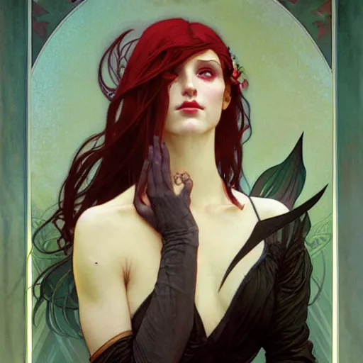 Image similar to Portrait of a pretty half-elf half-vampire young woman. Her hair has black strands and white strands. Red irises and vertical pupils. Art by Greg Rutkowski and Alphonse Mucha