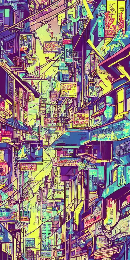 Prompt: an 80s anime busy alley scene, tall buildings, neon billboards, telephone wires, intricate details , trippy, dope