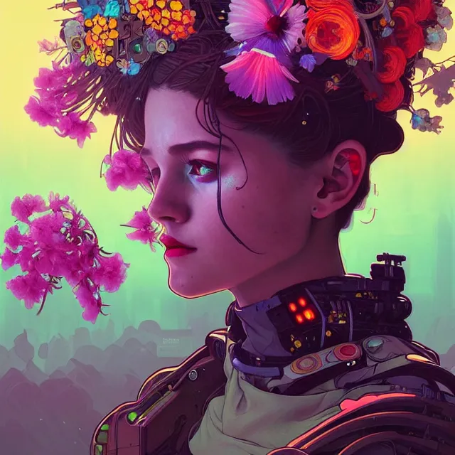 Prompt: a beautiful portrait painting of a ( cyberpunk ) girl covered with flowers by simon stalenhag and pascal blanche and alphonse mucha!! and nekro!! and josan gonzalez. in style of digital art. colorful comic, film noirs, symmetry, brush stroke, vibrating colors, hyper detailed. octane render. trending on artstation