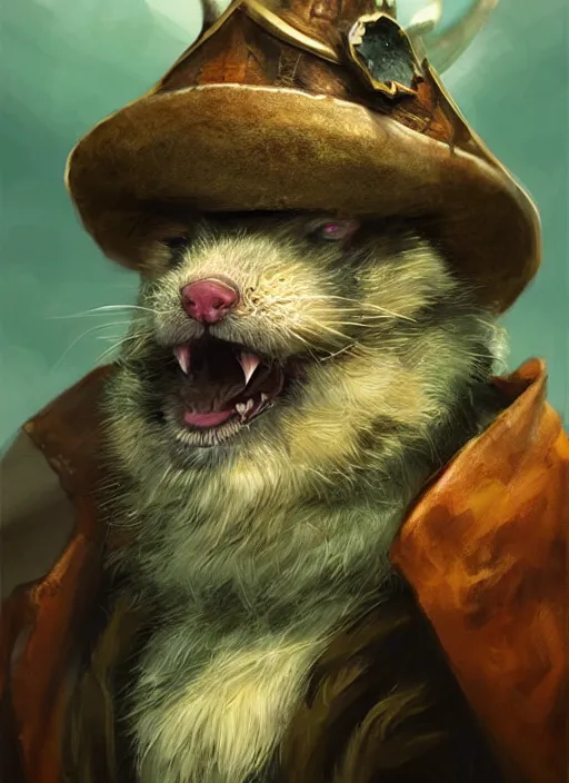 Image similar to mutant rat, bearded, serious, mean eyes, wearing jewelry, tricorne hat, green robe, d & d, digital art, detailed face, highly detailed, trending on artstation, 4 k, sea in the background, art by greg rutkowski