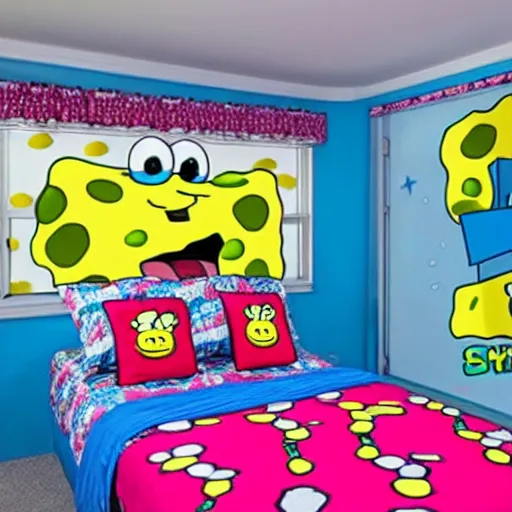 Image similar to A high quality photograph of a SpongeBob themed bedroom