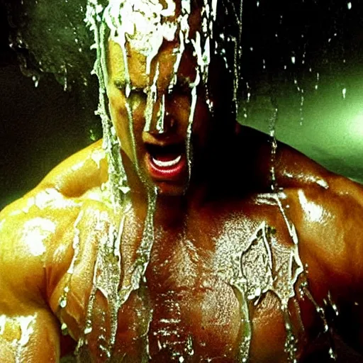 Prompt: 1 9 9 0's wwe publicity photo, a giant muscular man covered in wet reflective slime crawling halfway out of a giant slimy wet cocoon, screaming in agony, inside a secret occult dark evil lab, candles and pentagrams, ultra - detailed, photorealistic