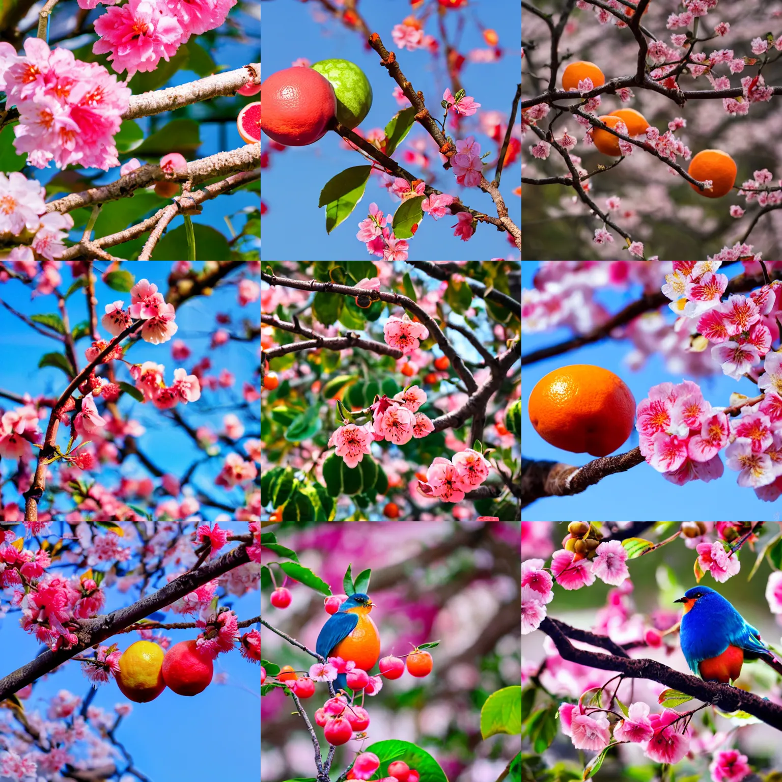 Prompt: Hybrid oranges and watermelons, fruit growing on a branch, cherry blossoms that are gold in color and diaphanous, high quality, a strange pink and blue bird is perched on the branch, nature photography, f2.8, 35mm lens, bokeh, depth of field.