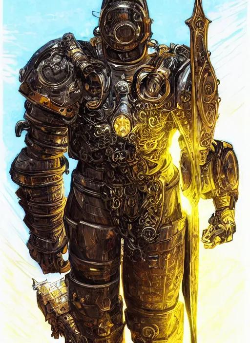 Image similar to dynamic portrait of a intricate glorious holy mechanical warforged character in yellow armor holding a paladin engraved great longsword and carrying a big paladin shield, spotlight from face , epic , trending on ArtStation, masterpiece, cinematic lighting, by Jesper Ejsing and by Philippe Druillet and by Yoann Lossel and by John Salminen