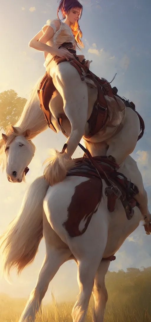 Image similar to southern ginger woman in ripped overalls riding a horse with a white mane, airbrushed, hazy, gentle, soft lighting, wojtek fus, by makoto shinkai and ilya kuvshinov,