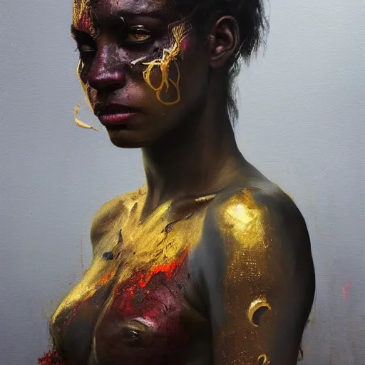 Image similar to portrait of the god of death, eyes made of gold, beautiful female face, angelic, black woman, golden eyes, dark, blood, by jeremy mann, by lucian freud, oil painting, god rays, female warrior, warrior face painting red, wings, gothic, holding a weapon, intricate, highly detailed, trending on artstation, award winning, cinematic