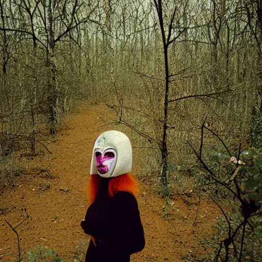 Prompt: woman with mask made of clouds and thorns, standing in a forest, Kodak vision3 500t