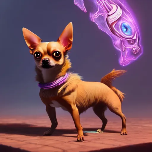 Image similar to a transcendent chihuahua with three eyes living in an extradimensional reality, in the style of wlop, illustration, epic, fantasy, hyper detailed, smooth, unreal engine, sharp focus, ray tracing, physically based rendering, renderman, beautiful