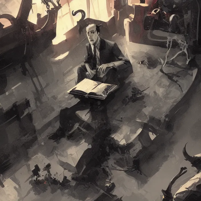 Image similar to a duotone comic noir illustration painting of hp lovecraft reading necronomicon by sachin teng and sergey kolesov and ruan jia and heng z. graffiti art, sci fi, fantasy art, hyper detailed. octane render. trending on artstation