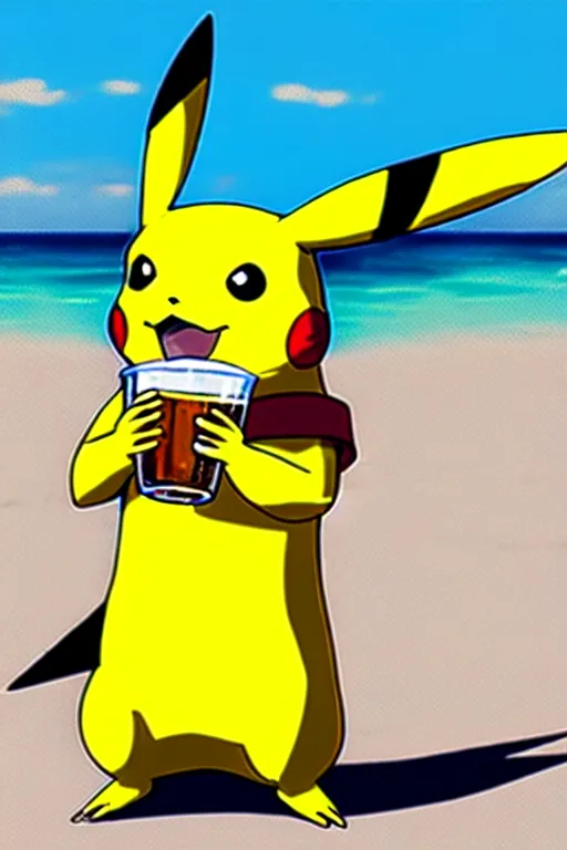 Image similar to pikachu drinking a beer on the beach