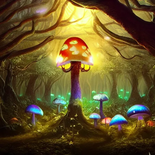 Image similar to eerie glowing mushroom forest with fairies, raining, fantasy landscape, 8k, ultra detailed, concept art, trending on artstation