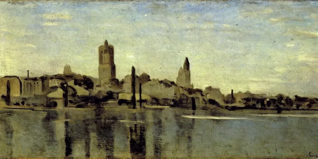 Prompt: The Invisible City by Calvino, painted by Camille Corot, oil on canvas