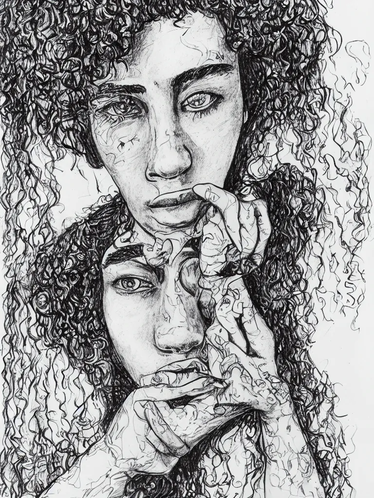 Image similar to portrait of a teenager with a big nose and curly black hair, hand drawn, ink and marker, by andrea pazienza