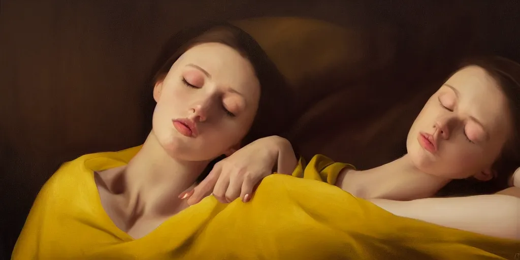 Prompt: beautiful oil matte portrait painting, young woman with closed eyes lying on a red bedsheet with blue pillows wearing a mustard yellow dress, detailed face, wonderful masterpiece, highly detailed, beautiful cinematic light, deep focus, elegant, digital painting, smooth, sharp focus, golden ratio, dramatic illumination, ultra realistic, 8 k, art by jimmy law and caravaggio