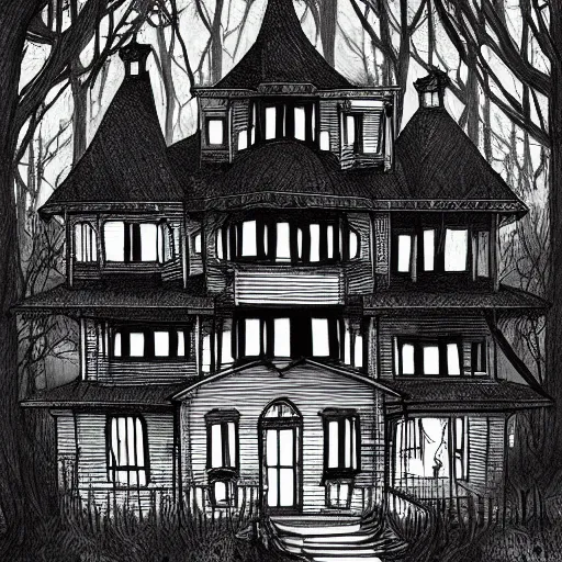 Image similar to spooky swamp mansion, black and white, pencil illustration, comic art, artstation