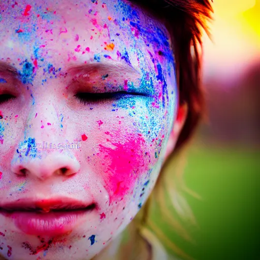 Prompt: bokeh realistic outdoors photo of a young adult with various colors of vibrant paint smeared on their face, eyes closed, at sunset, hdr cinematic lens