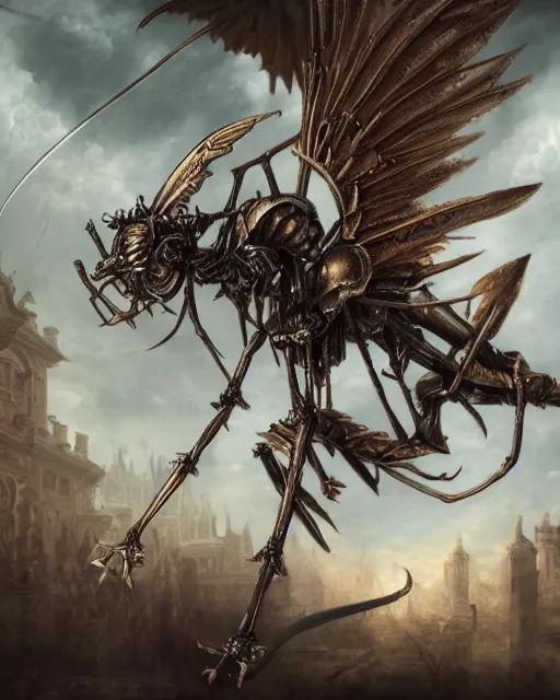 Image similar to A epic and beautiful rococo painting of A humanoid mosquito, reminiscent of a winged medieval knight. ultra-detailed. Castlevania style. Anime, pixiv, UHD 8K CryEngine, octane render