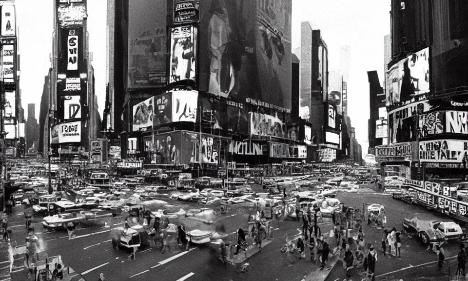 Image similar to A film still from a 1970s movie, new york city, times square, Realism, 4k, 8mm, Grainy, Panavision