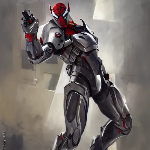 Image similar to greg manchess portrait painting of armored spiderman ultraman grey fox from metal gear cyborg gay japanese - american hybrid as overwatch character, medium shot, asymmetrical, profile picture, organic painting, sunny day, matte painting, bold shapes, hard edges, street art, trending on artstation, by huang guangjian and ail elvgren and sachin teng