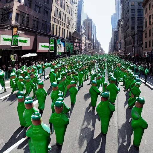 Image similar to a parade of stuffed pickle ricks marching down 5 th ave manhattan on st. patrick's day, 8 k, photo realistic, extremely life like