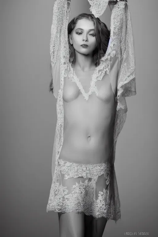 Prompt: sheer dress with plunging neckline and lace sleeves. award-winning fashion photography. intimate and vulnerable lighting. 130mm bw fashion photography.