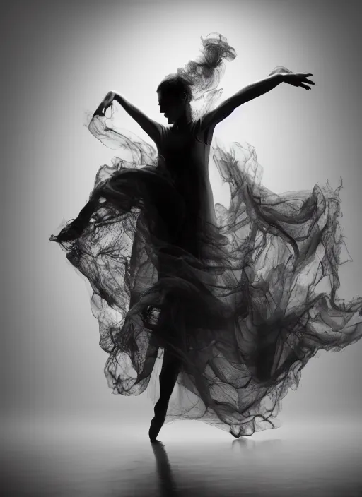 Image similar to a Photorealistic dramatic hyperrealistic render of a beautiful Female smoke dancer by Ken Brower and Deborah Ory of NYC Dance project,Lois Greenfield,Flowing cloth and smoke,Beautiful dynamic dramatic dark moody lighting,volumetric,shadows,cinematic atmosphere,Octane render,8K