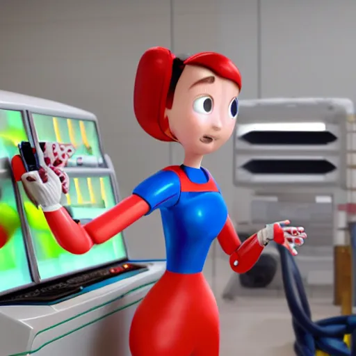 Image similar to pixar - style rendering of : roll is repairing computers in dr. light's laboratory. roll is a cute female ball - jointed robot ( inspired by osamu tezuka ) who has blonde hair with bangs and a ponytail tied with a green ribbon. she is wearing a red one - piece dress with a white collar, and red boots.