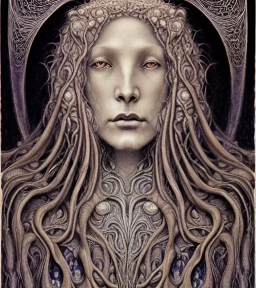 Prompt: detailed realistic beautiful werewolf goddess face portrait by jean delville, gustave dore, iris van herpen and marco mazzoni, art forms of nature by ernst haeckel, art nouveau, symbolist, visionary, gothic, neo - gothic, pre - raphaelite, fractal lace, intricate alien botanicals, ai biodiversity, surreality, hyperdetailed ultrasharp octane render