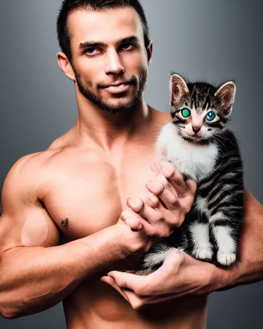 Image similar to muscular man holding a kitten in his hand, vaperwave background, color studio portrait, golden ratio, backlit, detailed eyes