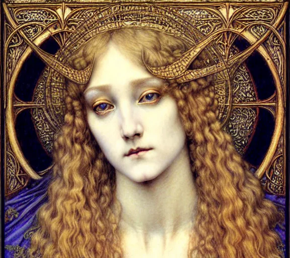 Image similar to detailed realistic beautiful young medieval queen face portrait by jean delville, gustave dore and marco mazzoni, art nouveau, symbolist, visionary, gothic, pre - raphaelite. horizontal symmetry