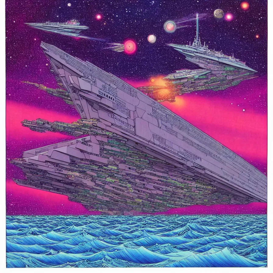 Image similar to ( ( ( ( a huge ship moving through a dimensional gap at the end of the galaxy. ) ) ) ) by mœbius!!!!!!!!!!!!!!!!!!!!!!!!!!!, overdetailed art, colorful, artistic record jacket design