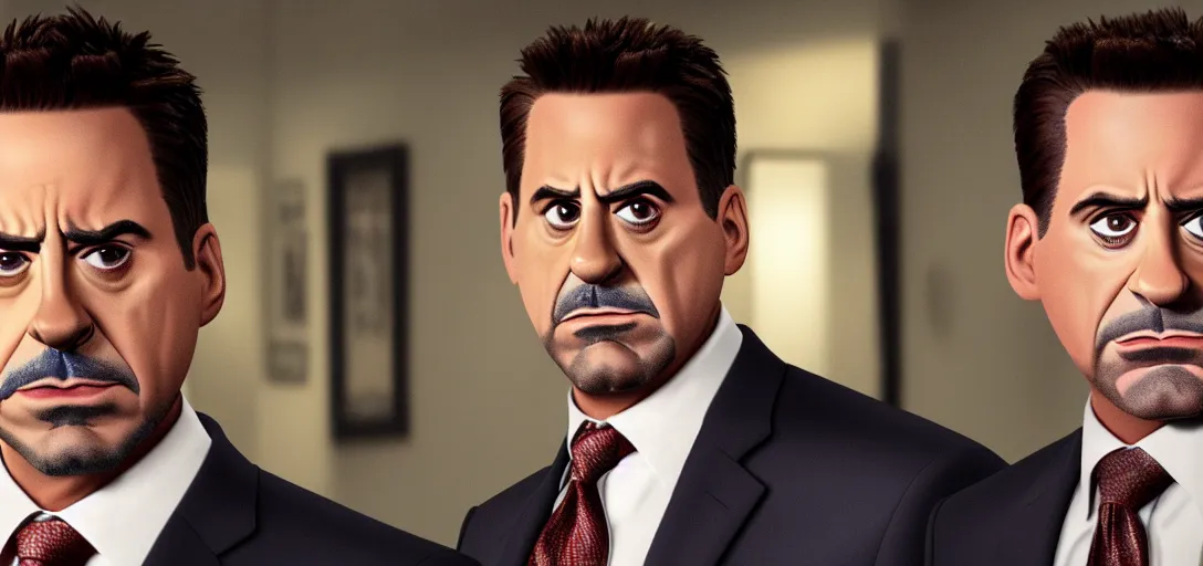 Image similar to a very high resolution image of tony stark and micheal scott. from an episode of the office. photorealistic, photography