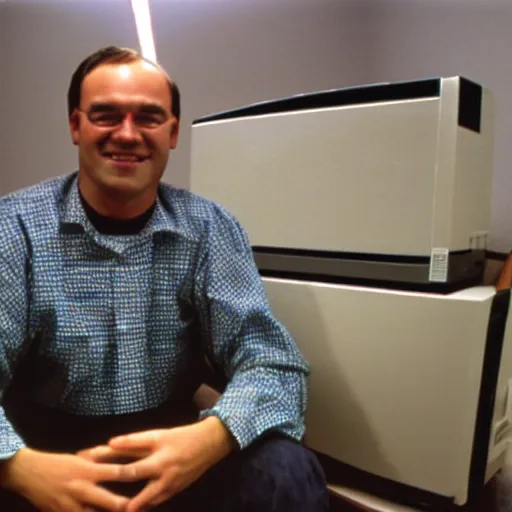 Image similar to a photo of a man sitting infront of a 1 9 9 0 s computer, he is smilling at the camera, he is a 3 meters away from the camera, light coming from the camera, taken on a 1 9 9 0 s camera.