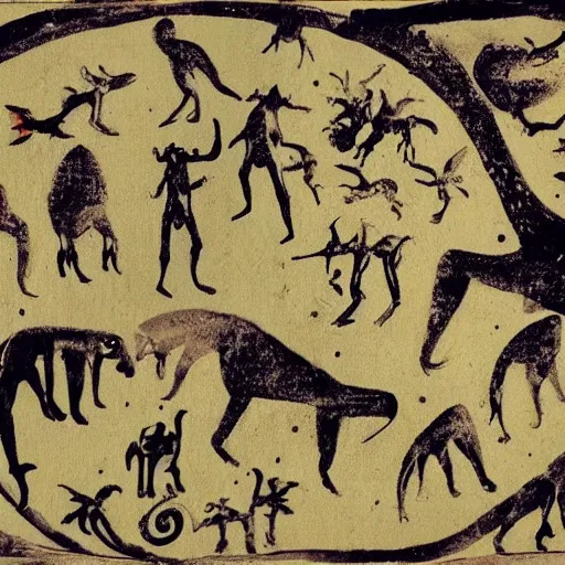 Image similar to big weird spaceship, prehistoric cave painting