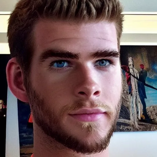 Image similar to “ a realistic detailed photo of a guy who is an attractive humanoid who is half robot and half humanoid, who is a male android, actor liam hemsworth, shiny skin, posing like a statue, blank stare, at the museum, on display ”