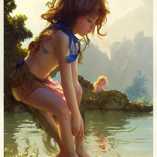 Prompt: summer camp, children playing in water, gorgeous, amazing, highly detailed, digital painting, artstation, concept art, sharp focus, illustration, art by artgerm and greg rutkowski and alphonse mucha