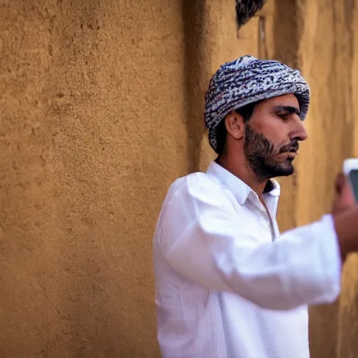 Image similar to a moroccan man looking down at his phone taking a selfie, serious face, not smiling, with a large double - chin showing