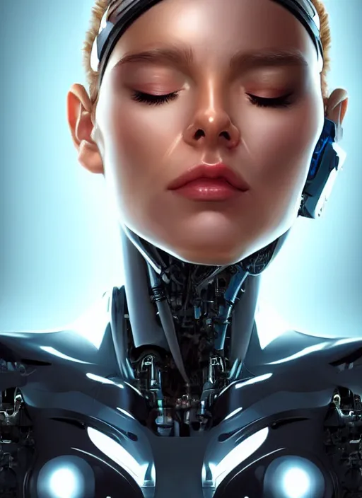 Image similar to portrait of a cyborg woman who turns her head to the (((((right))))) (((((left))))) (((((up))))) down!! by Artgerm,eyes closed , biomechanical, hyper detailled, trending on artstation