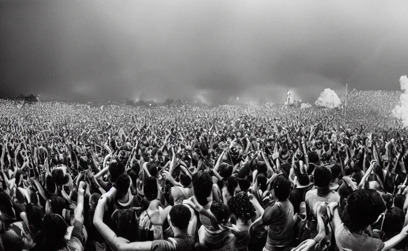 Image similar to black and white picture of a moshpit during a rock concert with red liquid being spelt all over the crowd, Cinestill 800t 18mm, heavy grainy picture, very detailed, high quality, 4k panoramic, HD criterion, dramatic lightning