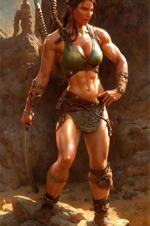 Image similar to muscular sweat lara croft wearing viking armor, highly detailed painting by gaston bussiere, craig mullins, j. c. leyendecker 8 k