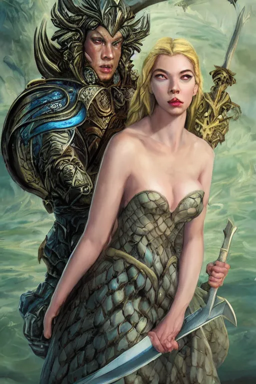 Prompt: A fantasy comic book style, portrait painting of hybrid Anya Taylor-Joy, and Cory Chase as a youthful Atlantean, Reptilian Warrior, Mystical Valkyrie, Modest light Armor, Sword, Sheild, Spear, François Boucher, Oil Painting, unreal 5, DAZ, hyper-realistic, Photorealistic, octane render, Regal, Refined, Coherent, Detailed Digital Art, RPG portrait, William-Adolphe Bouguereau, Michael Cheval, Walt Disney (1937), Steampunk, Hieronymus Bosch, Golden dappled dynamic lighting, Highly Detailed, Theophanic atmosphere, Cinematic Lighting, Unreal Engine, 8k, HD