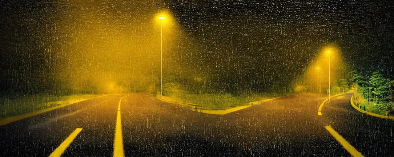 Image similar to at night, it is raining in the sky, a large road extends into the distance, the leaves on both sides of the road are yellowed by the street lights, tranquility, film texture, super fine, 8 k