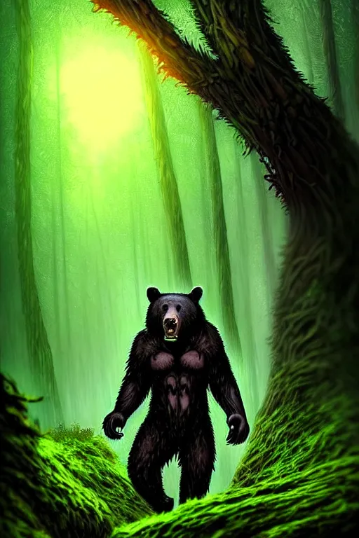 Prompt: epic professional digital art of raging (Black Bear) dressed like !!Orc Druid!!, in mossy tree forest, Epic Lycanthropic Assimilation by Anato Finnstark, best on artstation, cgsociety, wlop, cosmic, epic, stunning, gorgeous, much detail, much wow, masterpiece