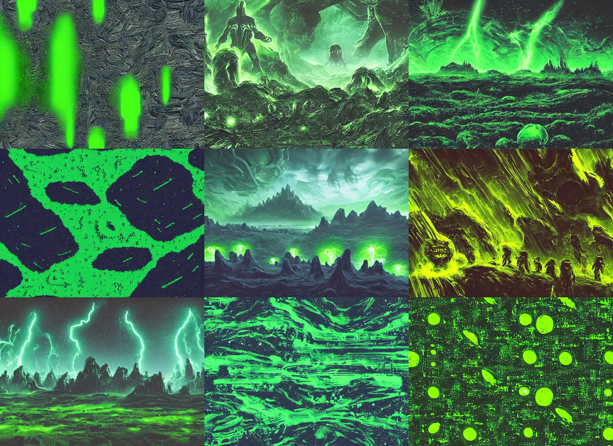 Prompt: alien landscape with green thunders