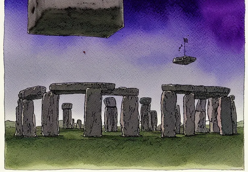 Prompt: a simple watercolor fantasy concept art of a giant dark grey cube floating in the air above stonehenge at night. by studio ghibli, rebecca guay, michael kaluta, charles vess