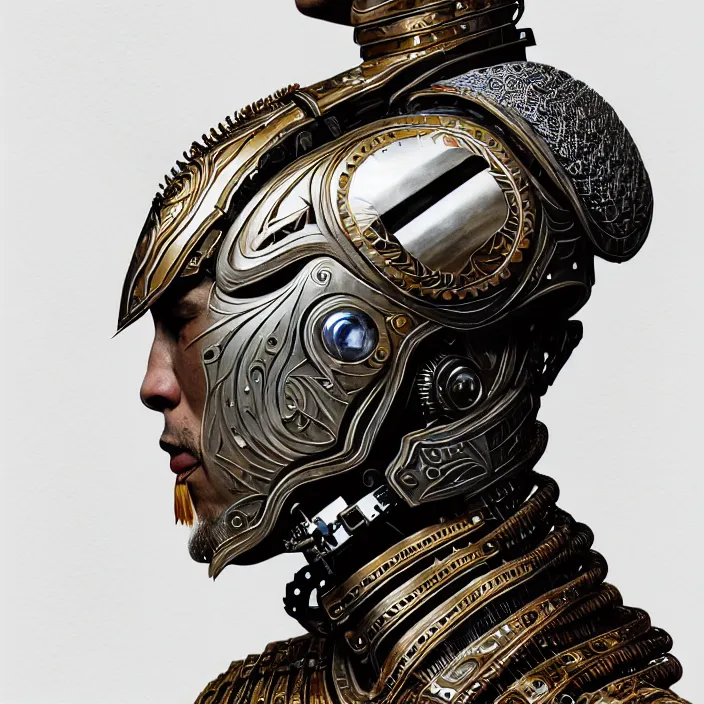 Prompt: portrait of a man wearing cyborg armor, Javanese batik pattern, subject in the center of the frame, wide angle shot, diffuse lighting, fantasy, intricate, elegant, highly detailed, lifelike, photorealistic, digital painting, artstation, illustration, concept art, smooth, sharp focus, art by John Collier and Albert Aublet and Krenz Cushart and Artem Demura and Alphonse Mucha