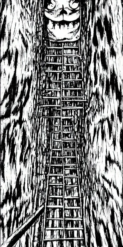 Prompt: A ladder from top to bottom, horror, creepy, dark, manga, pencil, inspired by junji ito, superior quality, masterpiece