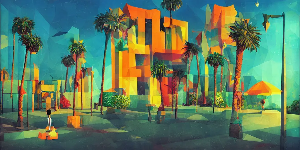 Image similar to low poly, pixar, tel aviv street, bauhaus, palm trees, magic realism, flowerpunk, mysterious vivid colors by andy kehoe and amanda clarke